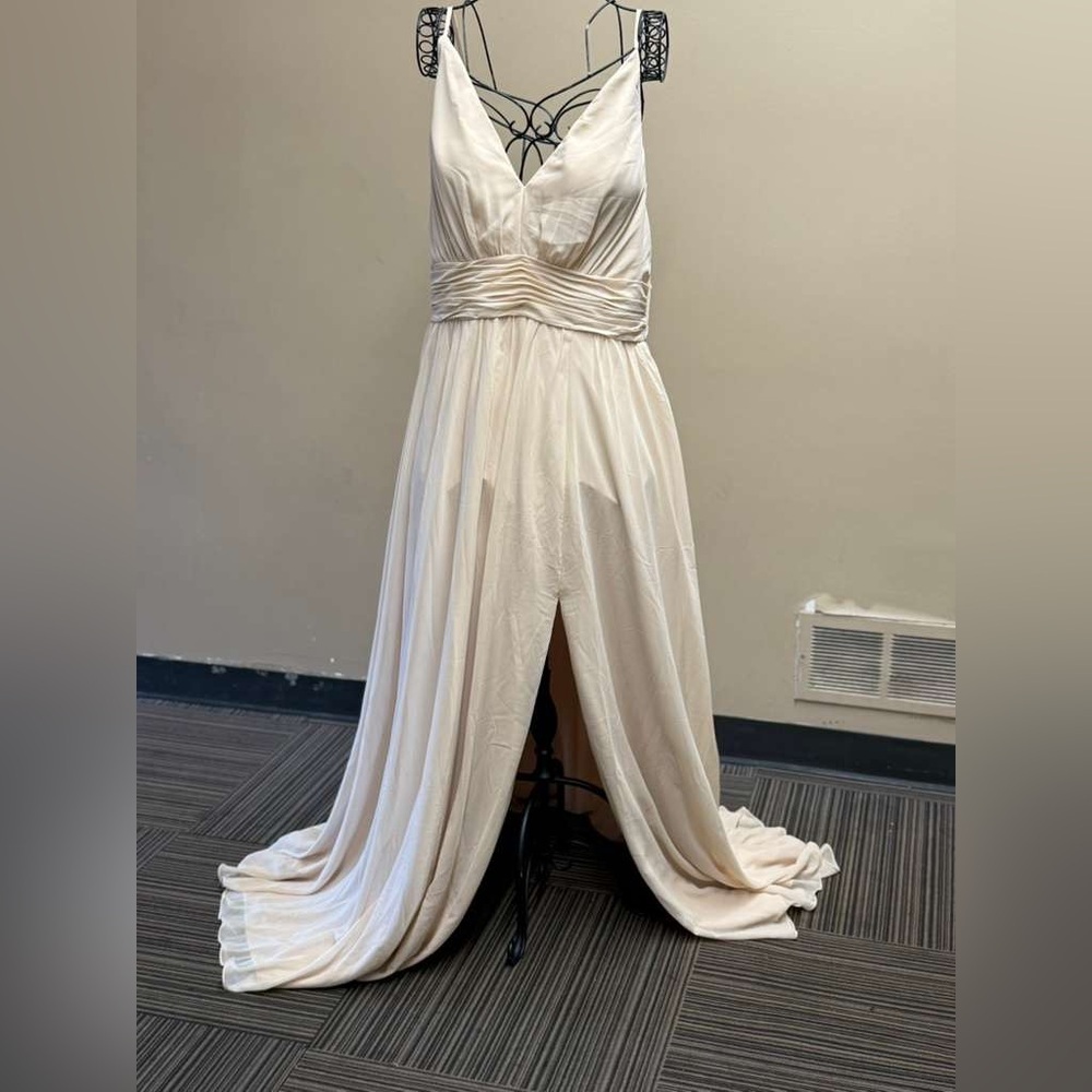 Kennedy Blue , Elegant Cream Maxi Dress with Ruched Detail